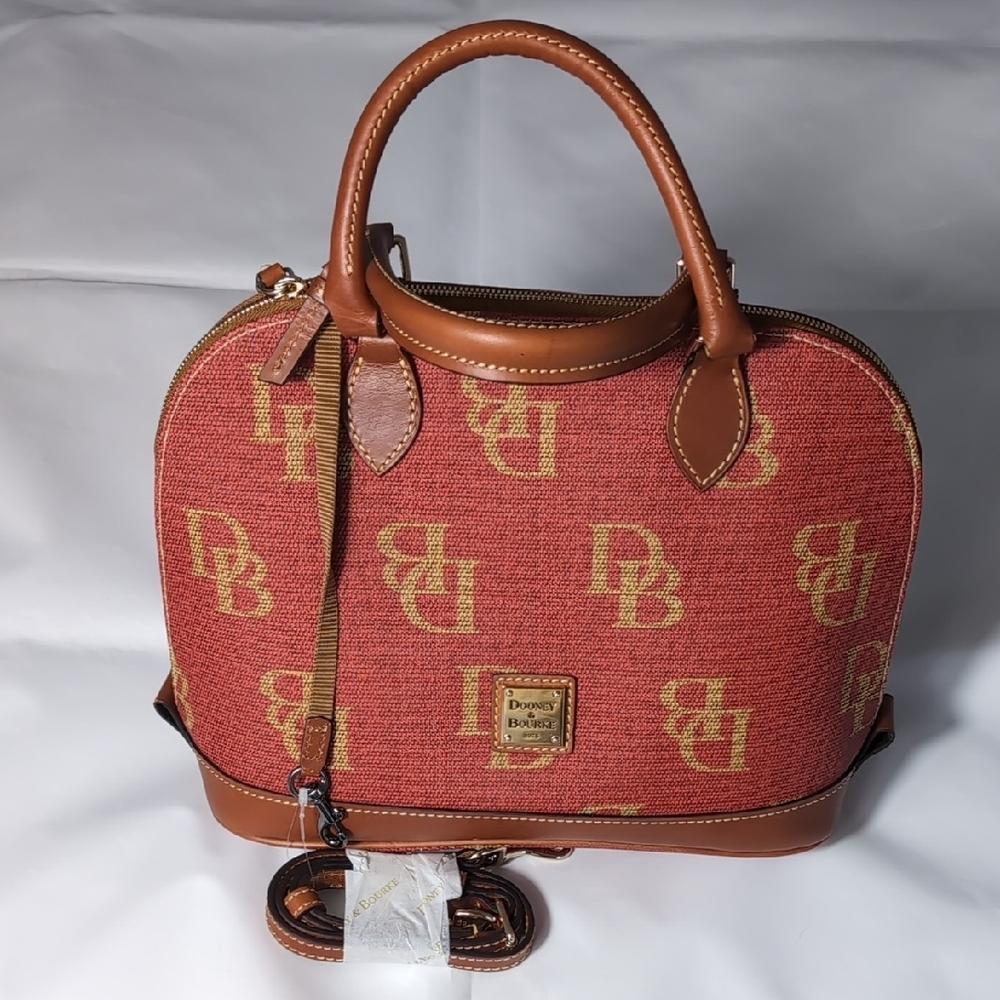 Dooney & Bourke Red and Brown Crossbody Satchel with Leather Trim